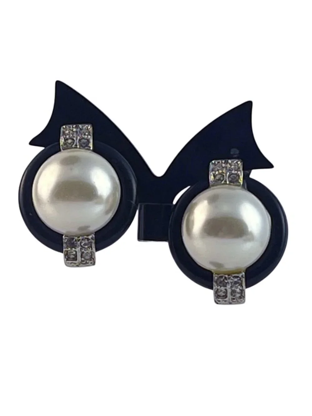 Vintage Kenneth Lane Clip-On Earrings, Faux Black Onyx & Pearls /Pave Rhinestone